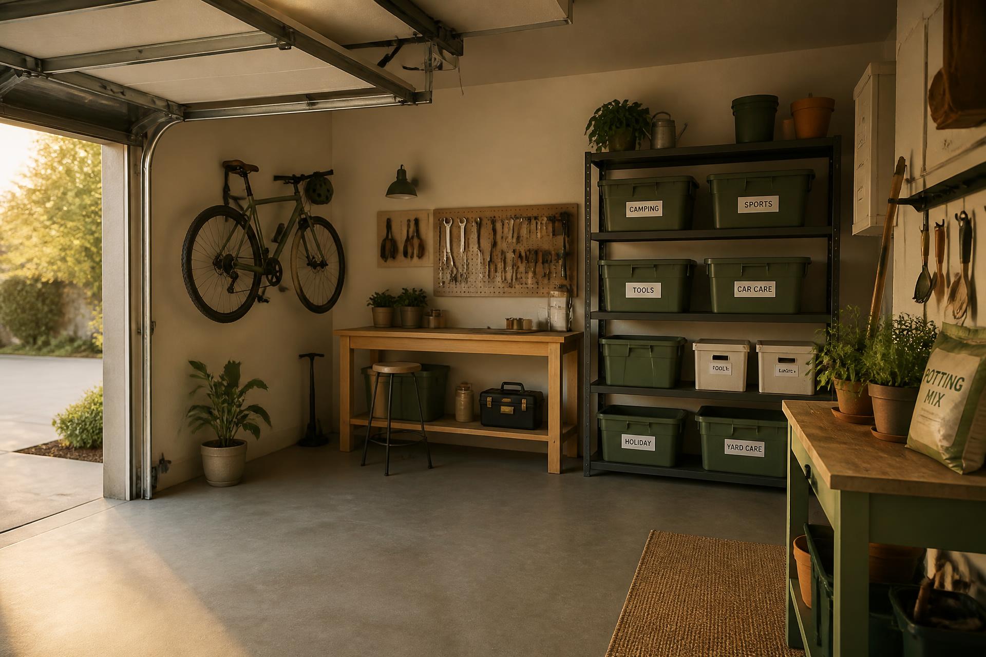 An organized garage at golden hour
